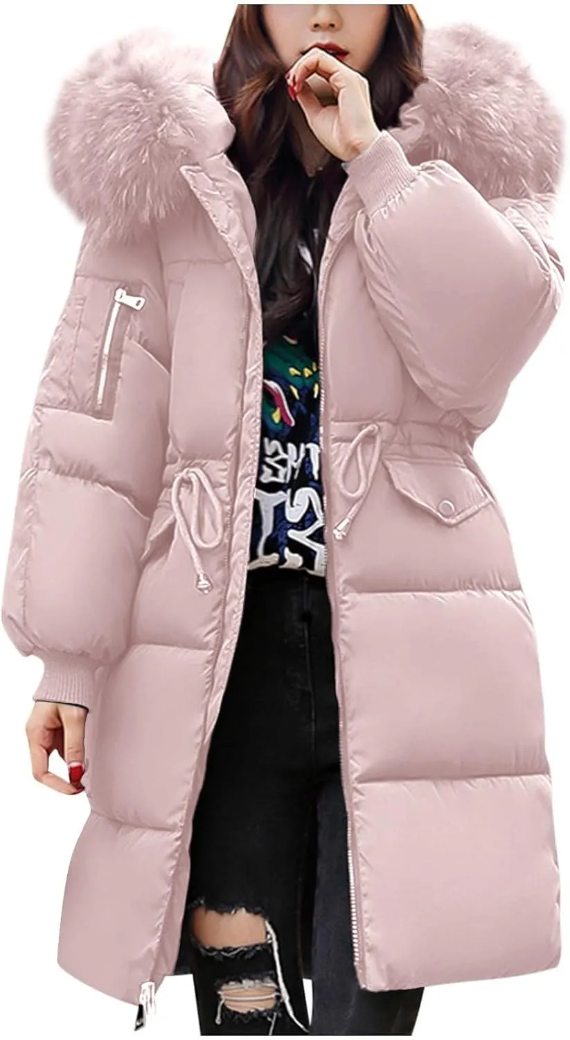 Women's Winter Casual Quilted Jackets Faux Fur Trim Hood Warm Quilted Jacket Fleece Fur Outdoor Overcoat Coats
