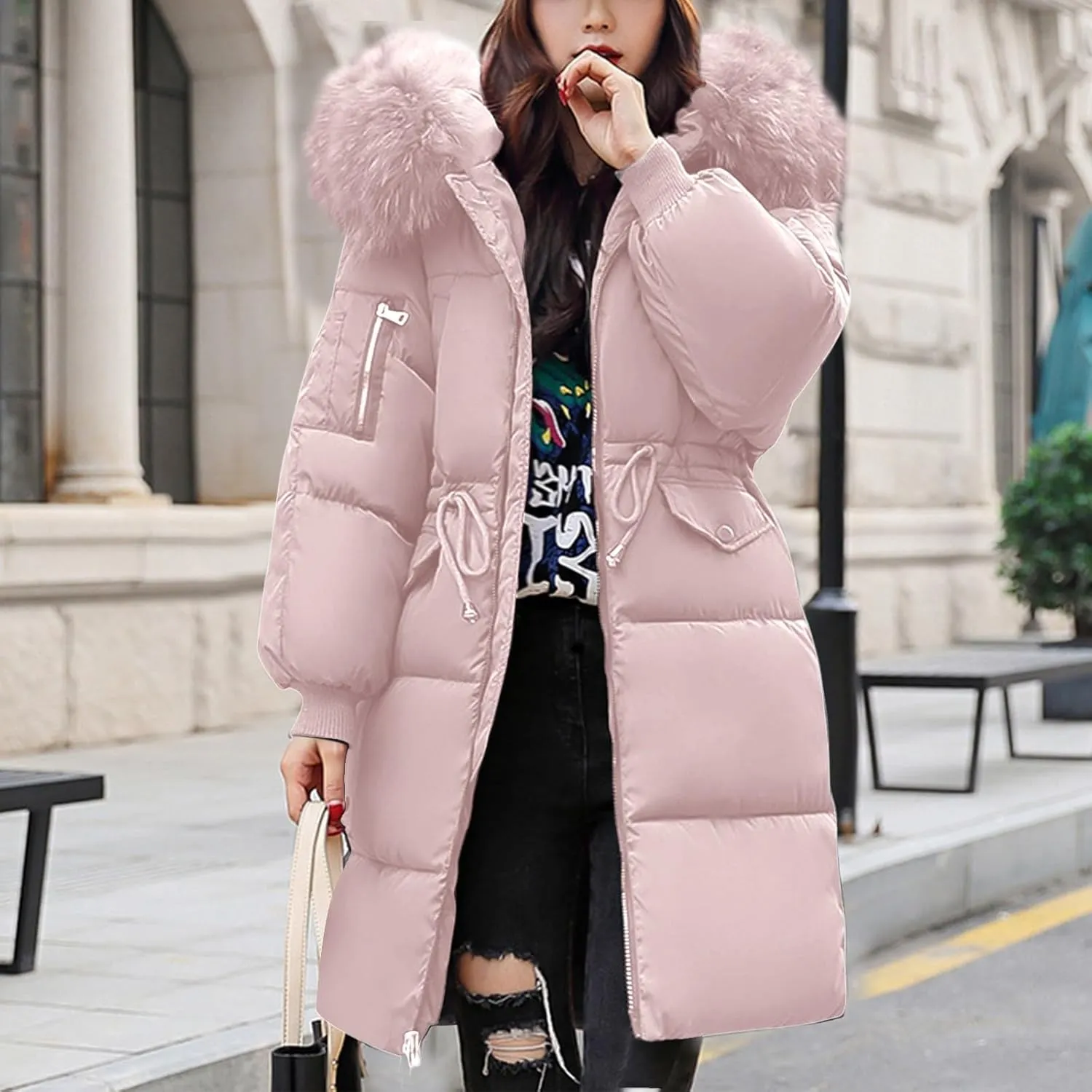 Women's Winter Casual Quilted Jackets Faux Fur Trim Hood Warm Quilted Jacket Fleece Fur Outdoor Overcoat Coats