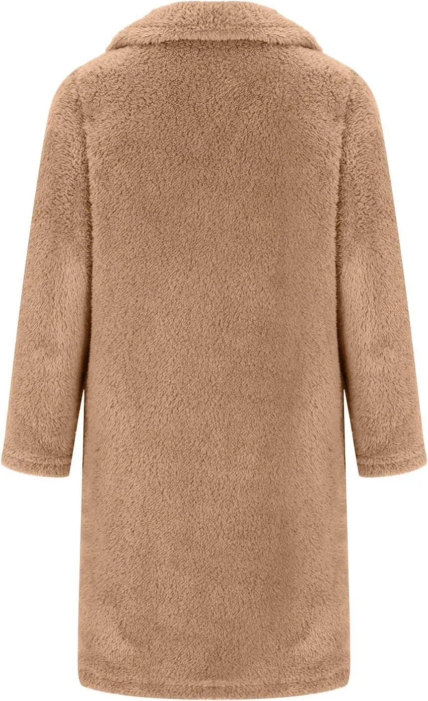 Womens Winter Coats Sherpa Fleece Overcoat Lapel Button Teddy Bear Jackets Warm Plush Mid Length Plus Size Outerwear
