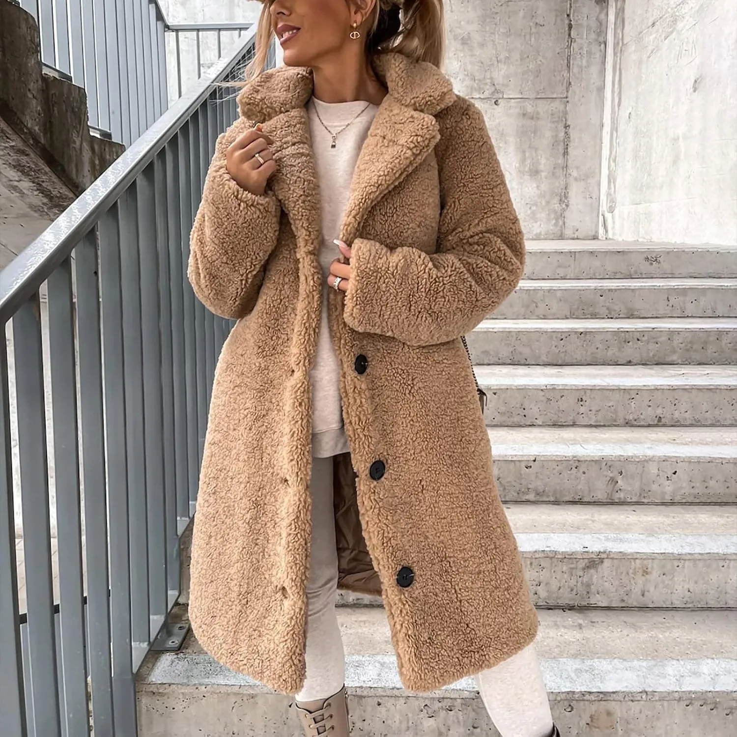 Womens Winter Coats Sherpa Fleece Overcoat Lapel Button Teddy Bear Jackets Warm Plush Mid Length Plus Size Outerwear