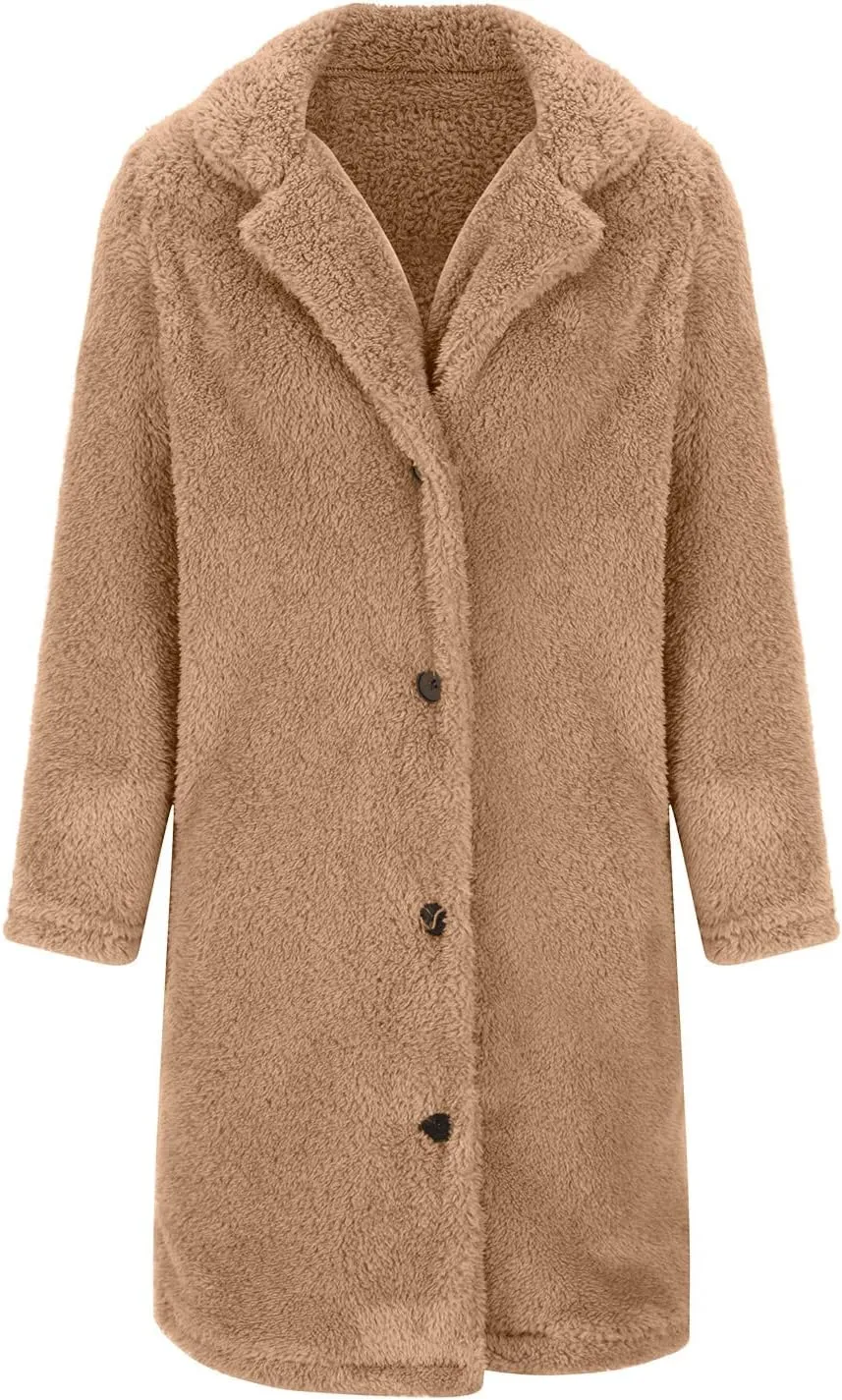 Womens Winter Coats Sherpa Fleece Overcoat Lapel Button Teddy Bear Jackets Warm Plush Mid Length Plus Size Outerwear