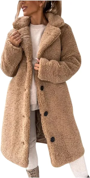 Womens Winter Coats Sherpa Fleece Overcoat Lapel Button Teddy Bear Jackets Warm Plush Mid Length Plus Size Outerwear