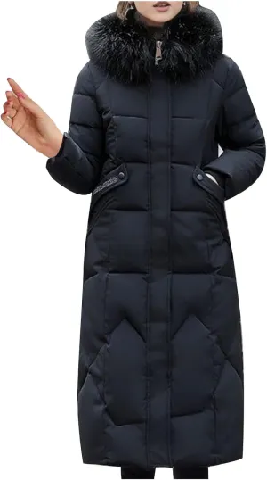 Women's Winter Coats with Fur Hood Puffer Down Jackets Parka Long Overcoat Warm Cotton Bread Jacket Quilted Outerwear