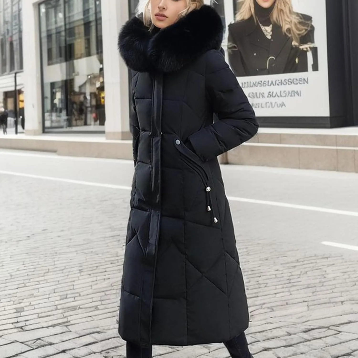 Women's Winter Coats with Fur Hood Puffer Down Jackets Parka Long Overcoat Warm Cotton Bread Jacket Quilted Outerwear