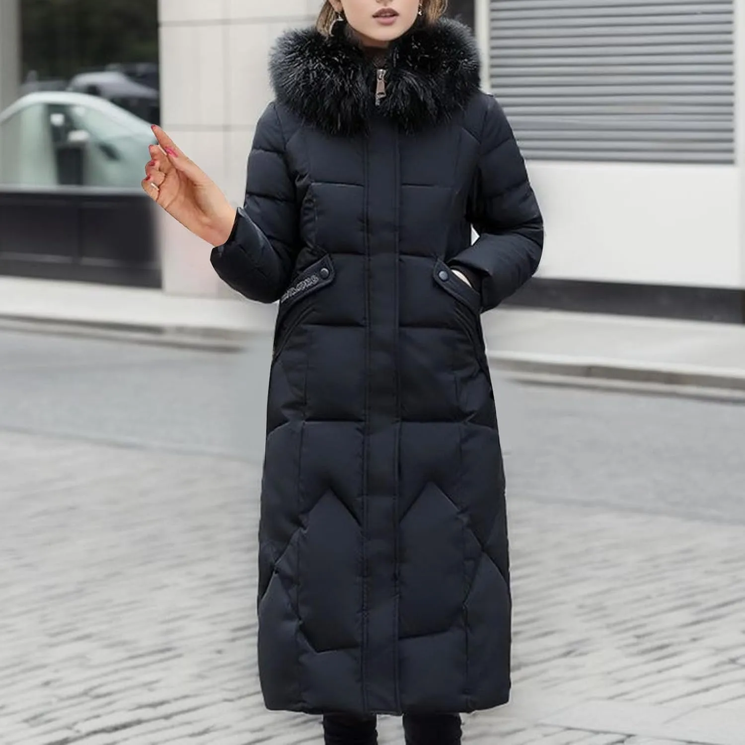 Women's Winter Coats with Fur Hood Puffer Down Jackets Parka Long Overcoat Warm Cotton Bread Jacket Quilted Outerwear