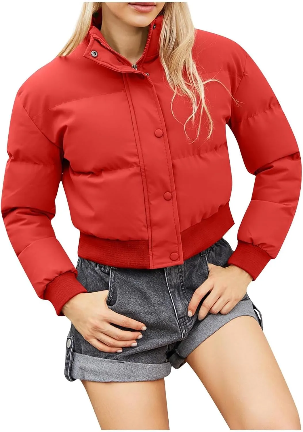Womens Winter Cropped Puffer Coat Stand Collar Short Down Jacket Winter Outerwear Warm Quilted Jacket with Pockets