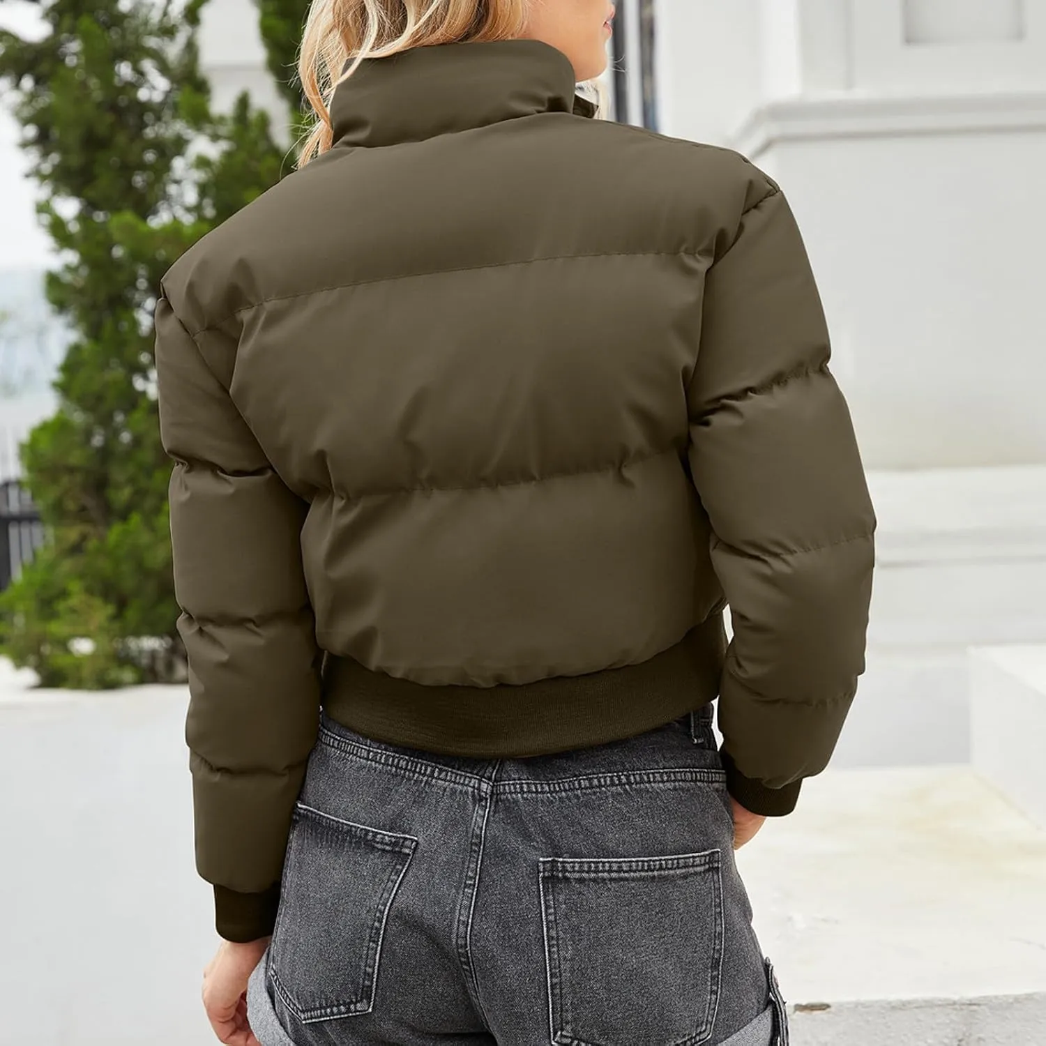Women's Winter Cropped Puffer Jacket Long Sleeve Oversized Stand Collar Zip-Up Short Down Coat Fashion Solid Outwear