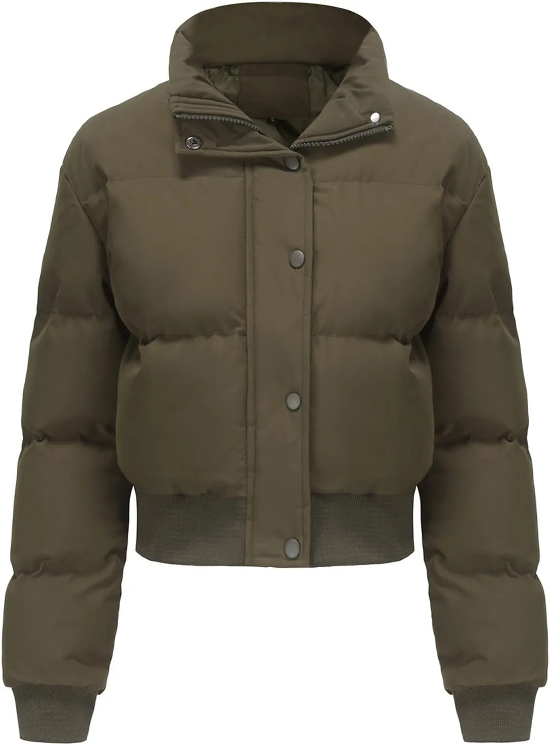 Women's Winter Cropped Puffer Jacket Long Sleeve Oversized Stand Collar Zip-Up Short Down Coat Fashion Solid Outwear