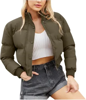 Women's Winter Cropped Puffer Jacket Long Sleeve Oversized Stand Collar Zip-Up Short Down Coat Fashion Solid Outwear