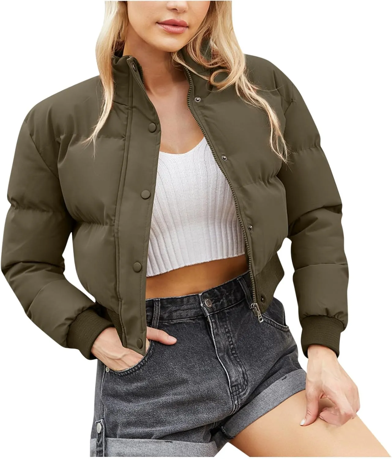 Women's Winter Cropped Puffer Jacket Long Sleeve Oversized Stand Collar Zip-Up Short Down Coat Fashion Solid Outwear