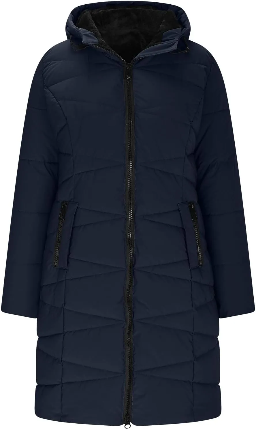 Women's Winter Puffer Coat Thicken Fleece Lined Down Jacket Waterproof Faux Fur Hooded Parka With Zipper Pockets