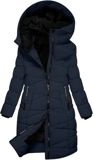 Women's Winter Puffer Coat Thicken Fleece Lined Down Jacket Waterproof Faux Fur Hooded Parka With Zipper Pockets