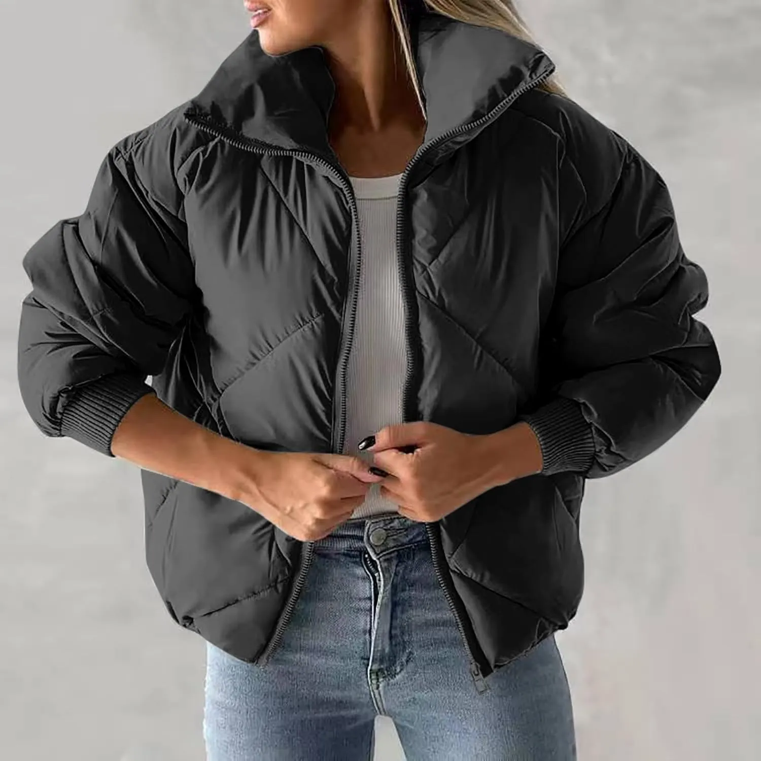 Womens Winter Puffer Jacket Warm Padded Wadded Jackets Zip Up Down Coats Quilted Puffy Outerwear Clothing