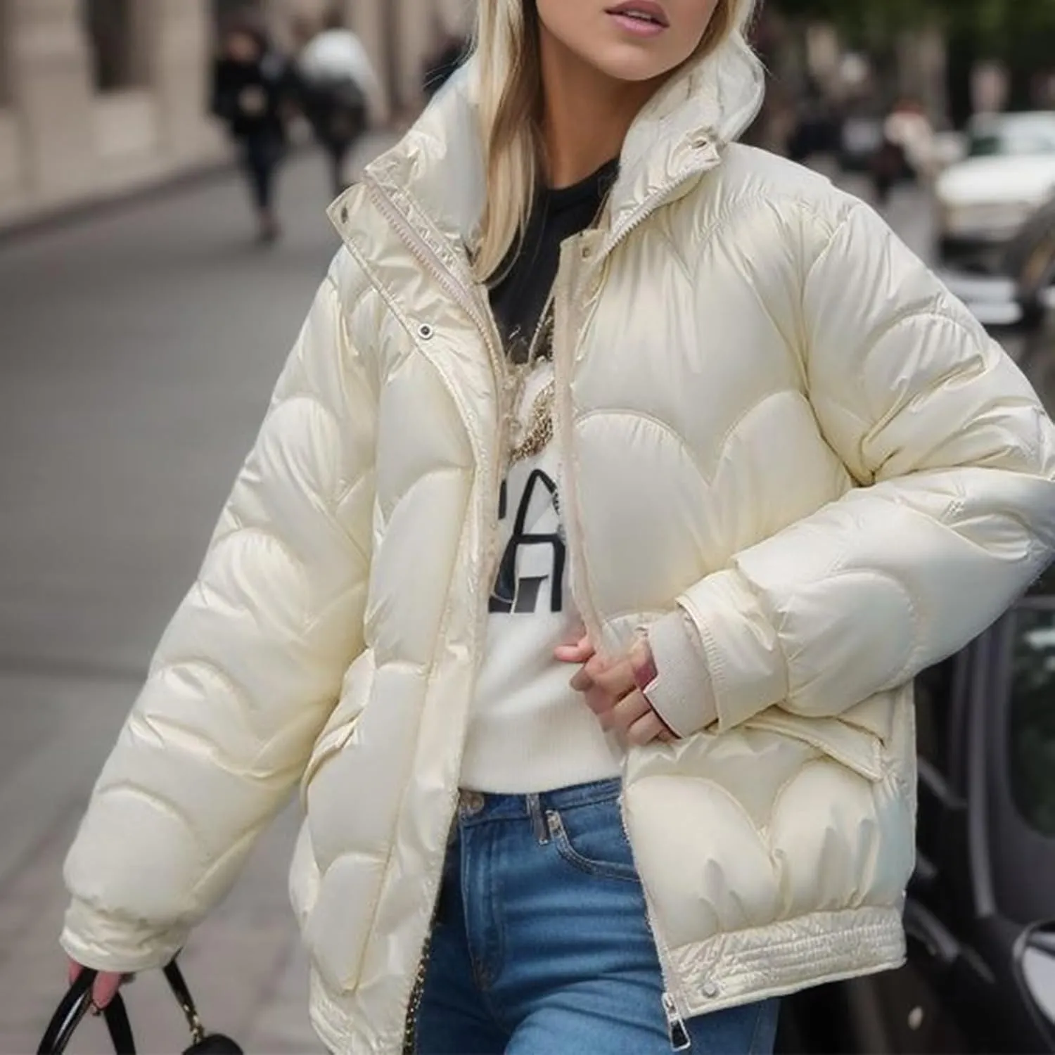 Women's Winter Stand Collar Coat Puffer Jacket Baggy Short Padded Down Coats Long Sleeve Full Zip Quilted Jackets