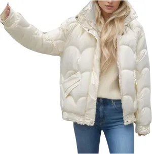 Women's Winter Stand Collar Coat Puffer Jacket Baggy Short Padded Down Coats Long Sleeve Full Zip Quilted Jackets