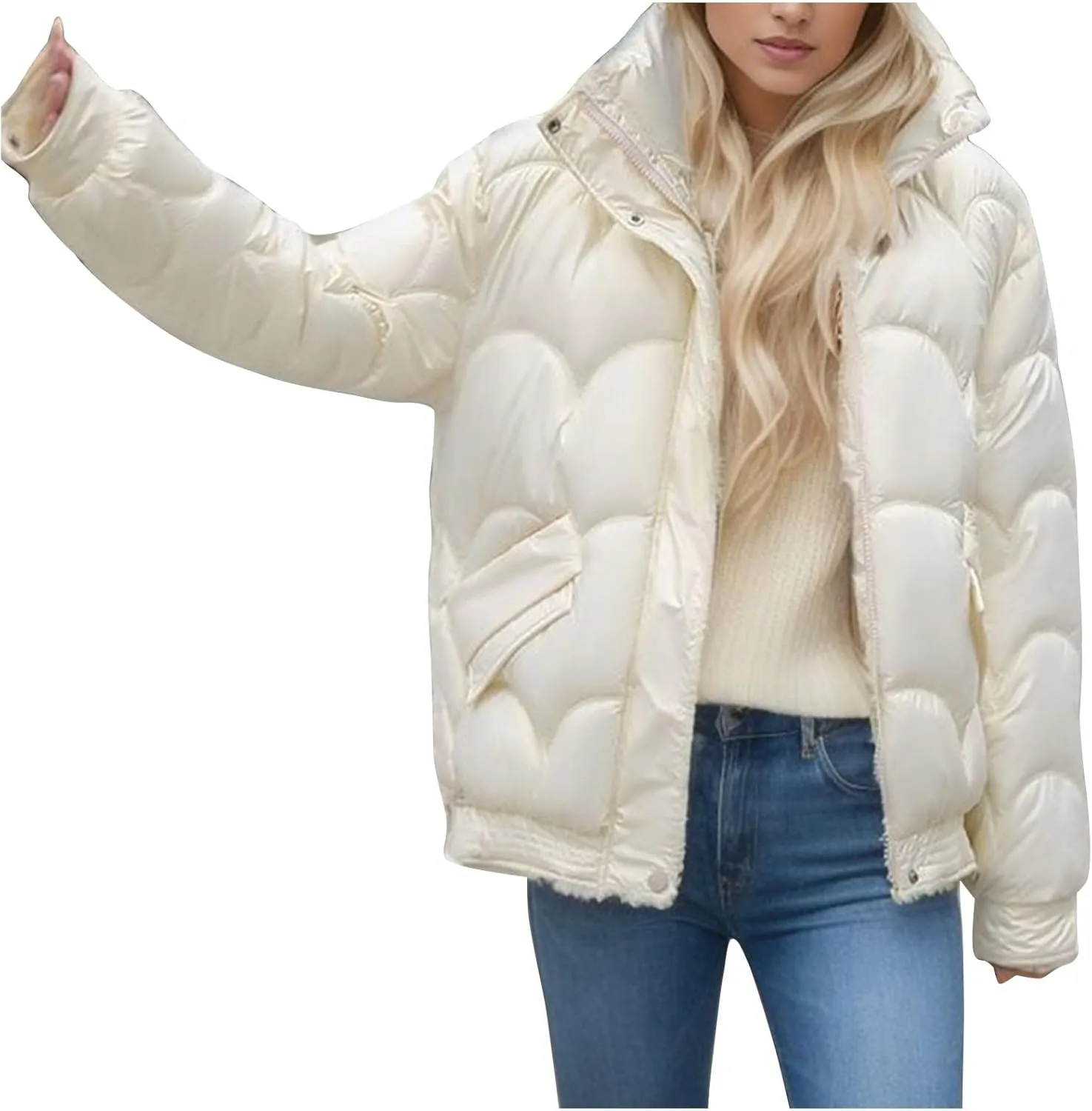 Women's Winter Stand Collar Coat Puffer Jacket Baggy Short Padded Down Coats Long Sleeve Full Zip Quilted Jackets