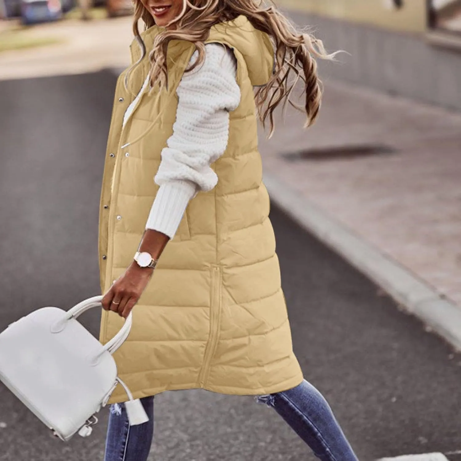Womens Winter Warm Casual Quilted Puffer Coat Sleeveless Pockets Hooded Down Coat Fashion Solid Home Outdoor Outfits