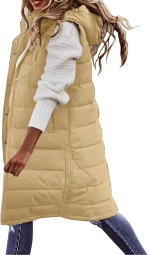 Womens Winter Warm Casual Quilted Puffer Coat Sleeveless Pockets Hooded Down Coat Fashion Solid Home Outdoor Outfits