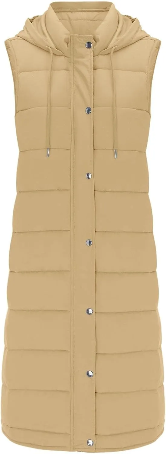 Womens Winter Warm Casual Quilted Puffer Coat Sleeveless Pockets Hooded Down Coat Fashion Solid Home Outdoor Outfits