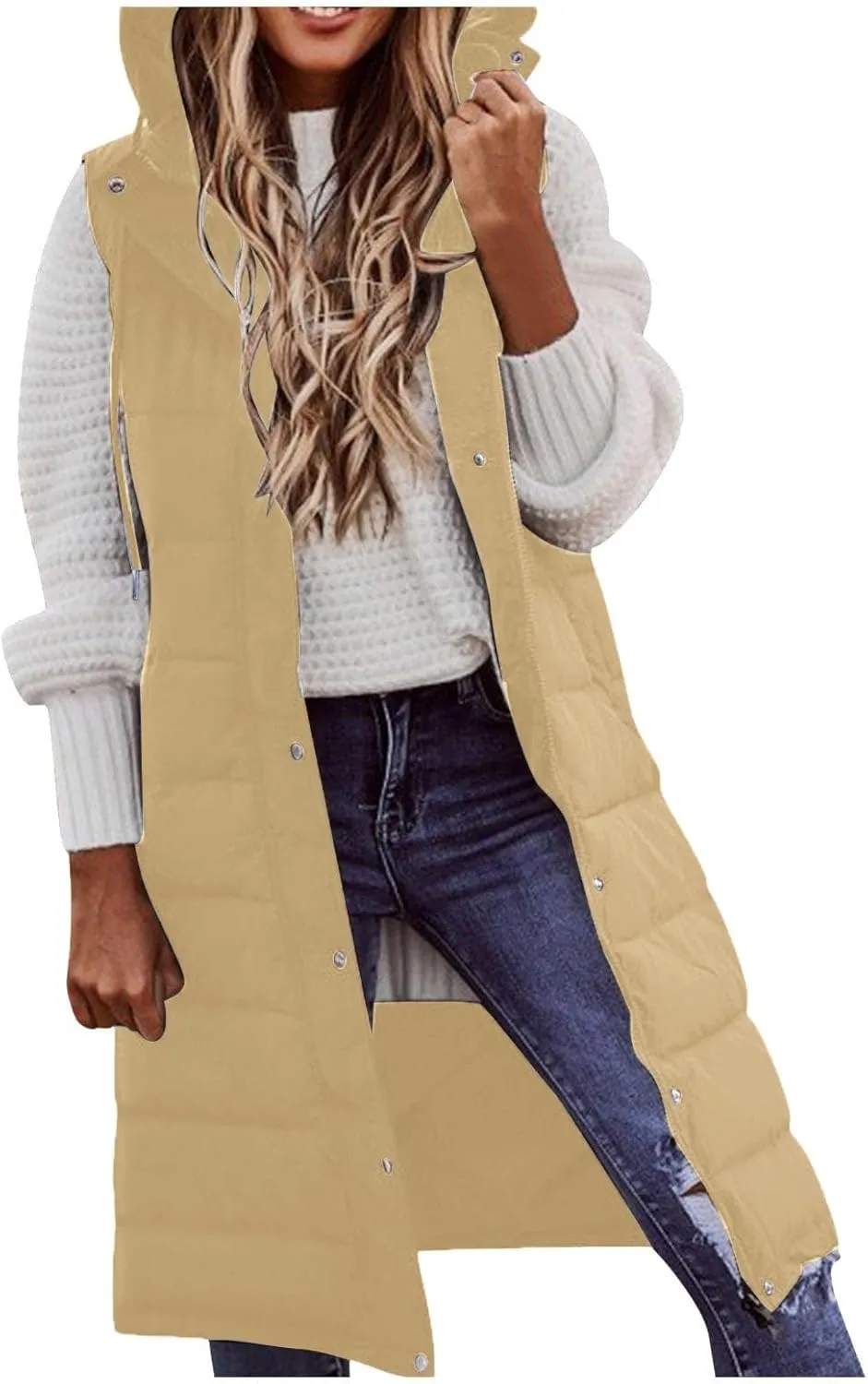 Womens Winter Warm Casual Quilted Puffer Coat Sleeveless Pockets Hooded Down Coat Fashion Solid Home Outdoor Outfits
