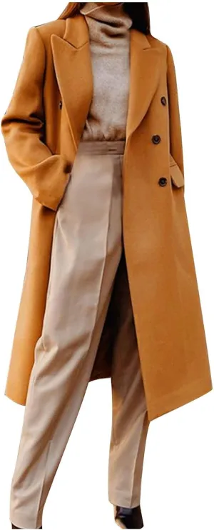 Womens Winter Wool Blend Pea Coat Lapel Double Breasted Outerwear Trendy Jacket Business Long Trench Coats with Pocket