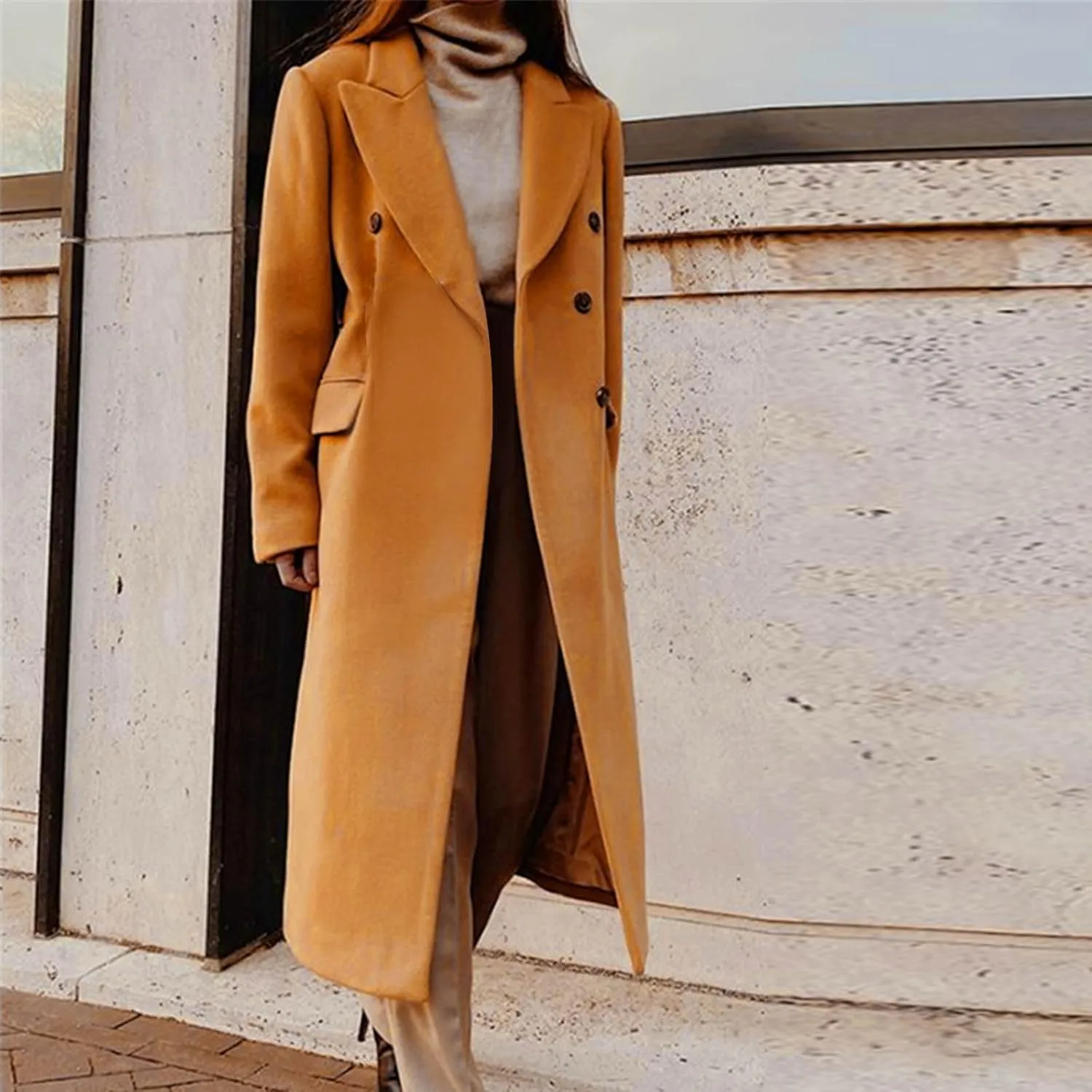 Womens Winter Wool Blend Pea Coat Lapel Double Breasted Outerwear Trendy Jacket Business Long Trench Coats with Pocket