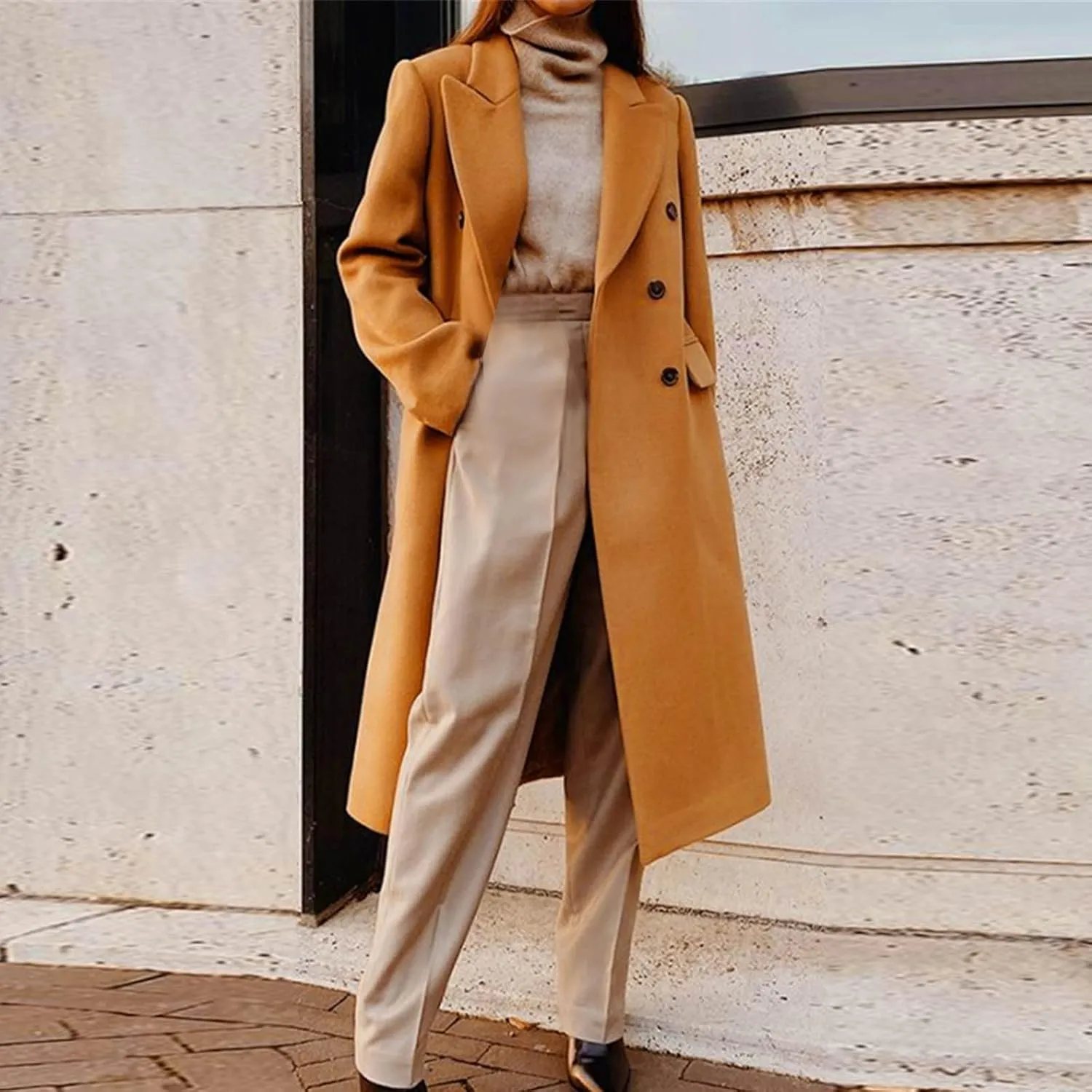 Womens Winter Wool Blend Pea Coat Lapel Double Breasted Outerwear Trendy Jacket Business Long Trench Coats with Pocket