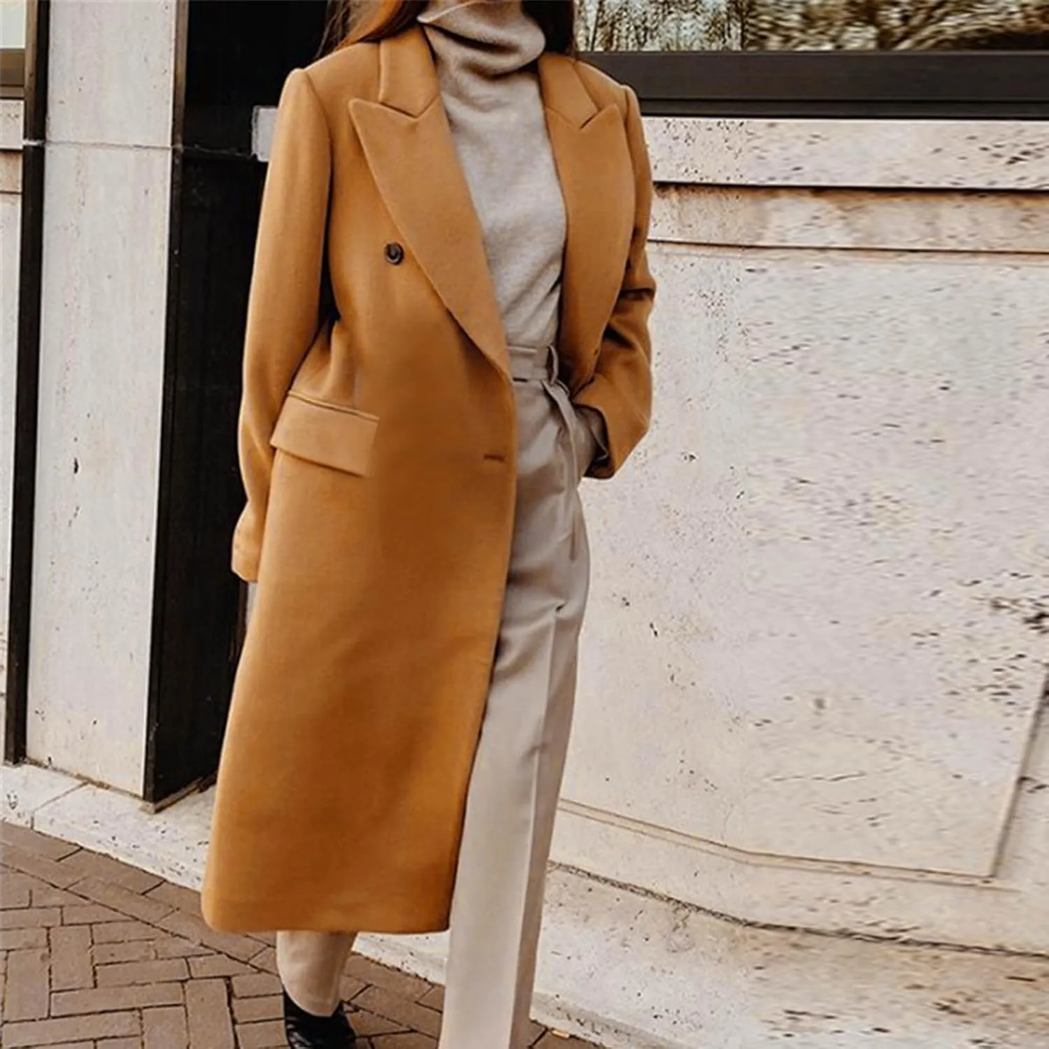 Womens Winter Wool Blend Pea Coat Lapel Double Breasted Outerwear Trendy Jacket Business Long Trench Coats with Pocket