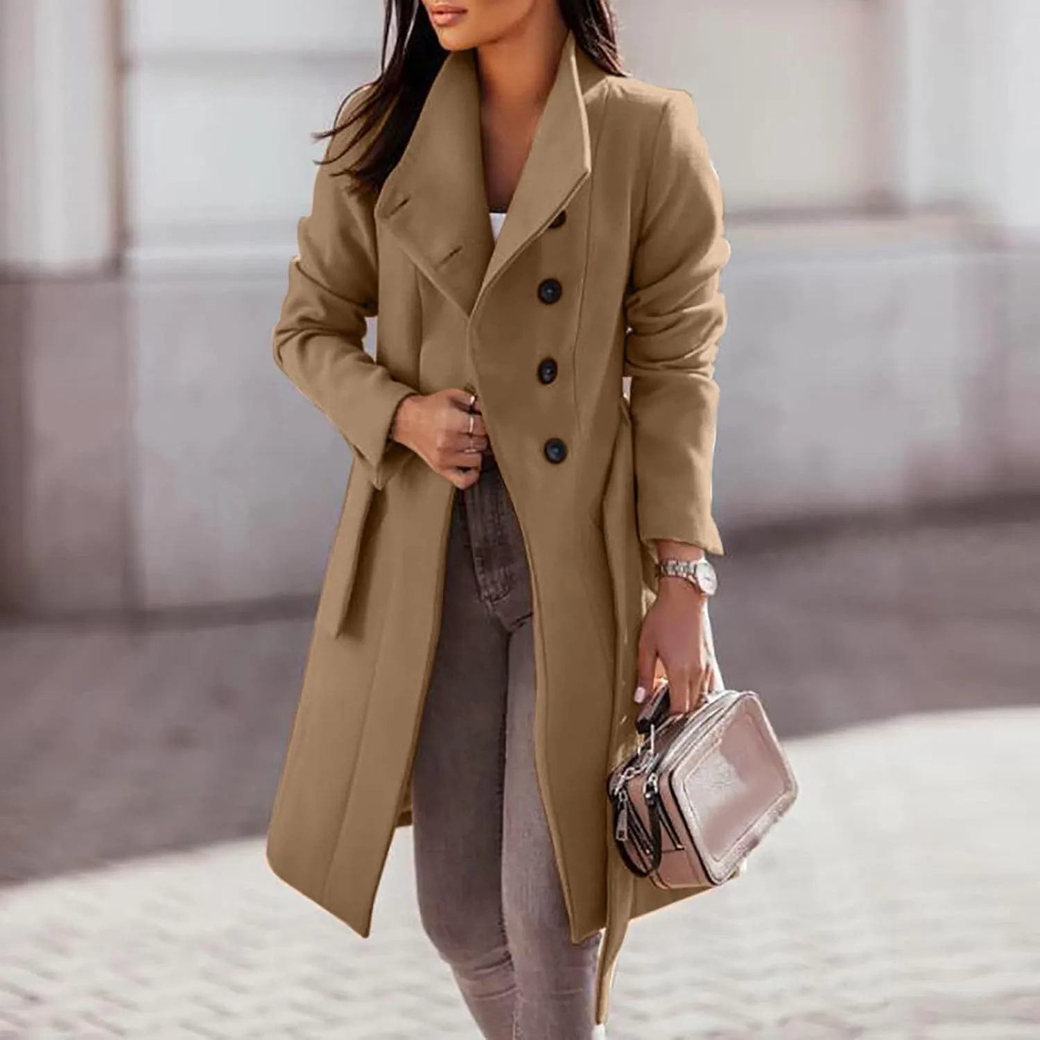 Womens Winter Woolen Cloth Coats Trendy Trench Coat Button Wrap Jacket Long Overcoat Plain Lapel Outwear
