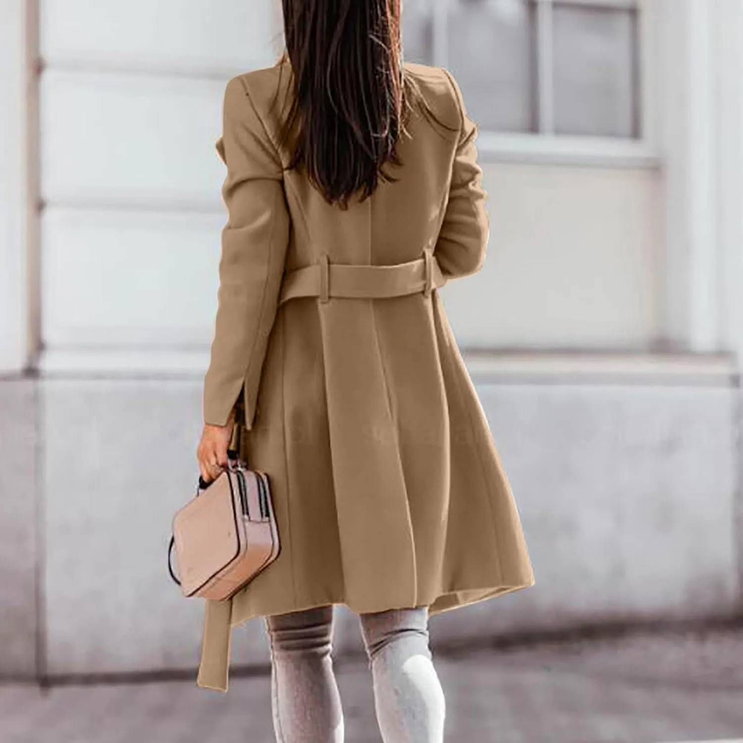Womens Winter Woolen Cloth Coats Trendy Trench Coat Button Wrap Jacket Long Overcoat Plain Lapel Outwear