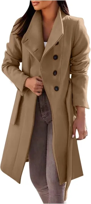 Womens Winter Woolen Cloth Coats Trendy Trench Coat Button Wrap Jacket Long Overcoat Plain Lapel Outwear