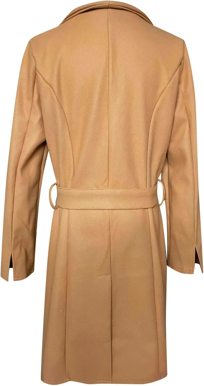 Womens Winter Woolen Cloth Coats Trendy Trench Coat Button Wrap Jacket Long Overcoat Plain Lapel Outwear