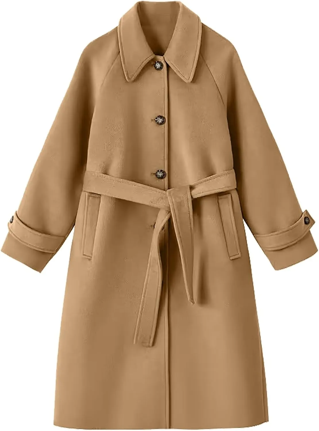 Women's Wool Blend Pea Coat Lapel Single Breasted Coat Casual Trendy Jacket Business Overcoat Trench Coats with Belt
