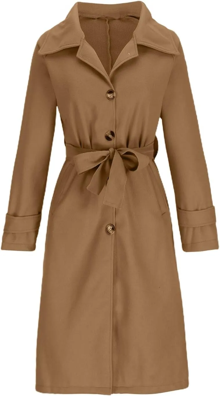 Women's Wool Blend Pea Coat Lapel Single Breasted Coat Casual Trendy Jacket Business Overcoat Trench Coats with Belt