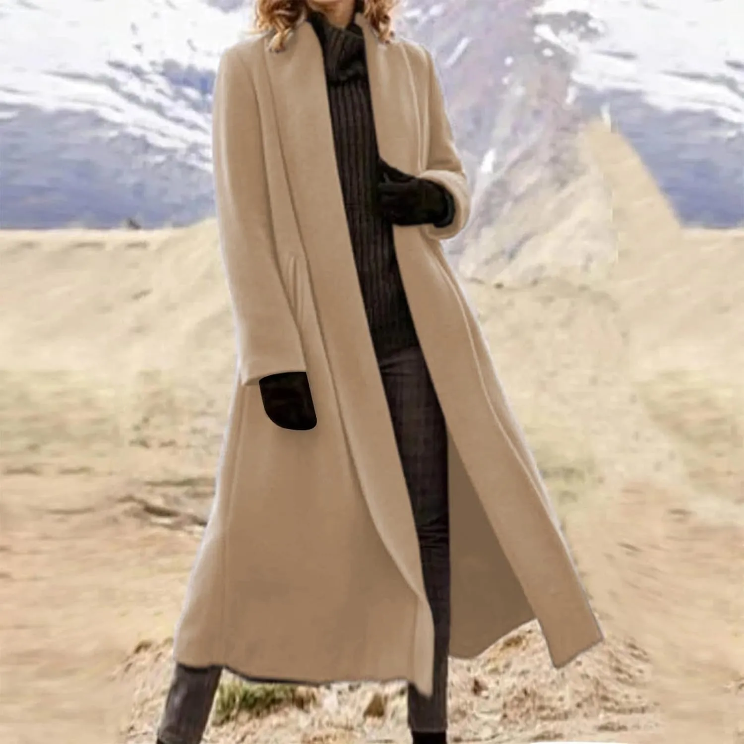 Women's Wool Coats Oversized Notched Collar Pea Coats Casual Open Front Long Winter Jackets Formal Work Trench Coat