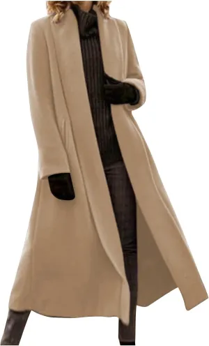 Women's Wool Coats Oversized Notched Collar Pea Coats Casual Open Front Long Winter Jackets Formal Work Trench Coat
