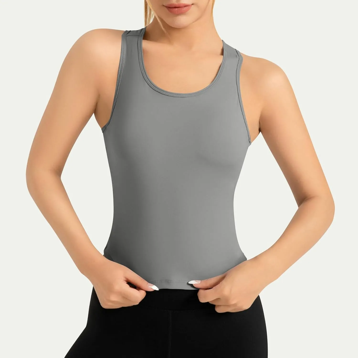 Womens Workout Sleeveless Tops Round Neck Seamless Athletic Tank Tops Summer Quick Dry Stretch Running Gym Yoga Shirts