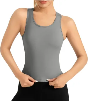 Womens Workout Sleeveless Tops Round Neck Seamless Athletic Tank Tops Summer Quick Dry Stretch Running Gym Yoga Shirts