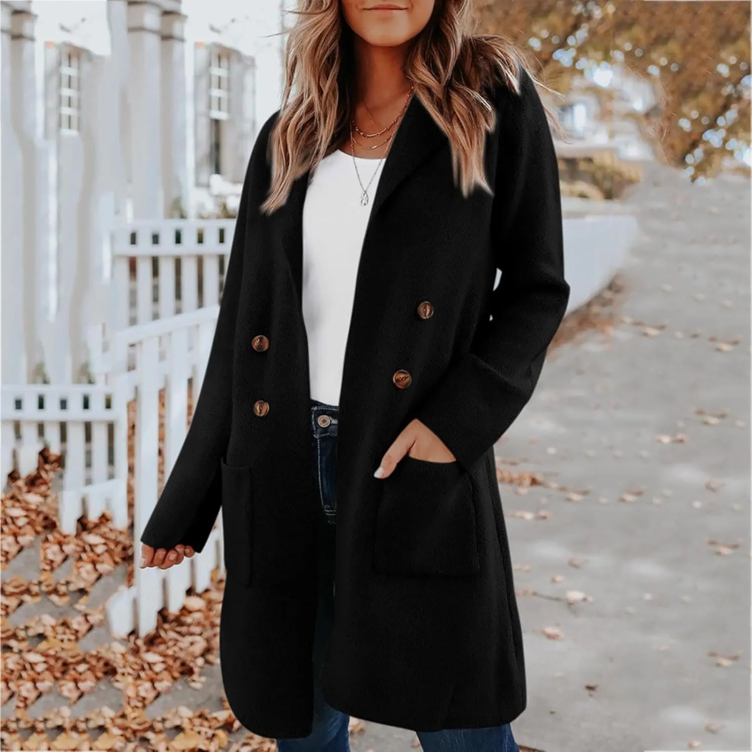 Wool Coats for Women Long Sleeve Oversized Winter Jackets Notch Double-Breasted Lapel Peacoats with Pockets