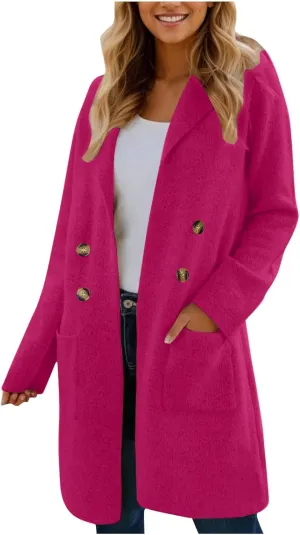 Wool Coats for Women Long Sleeve Oversized Winter Jackets Notch Double-Breasted Lapel Peacoats with Pockets