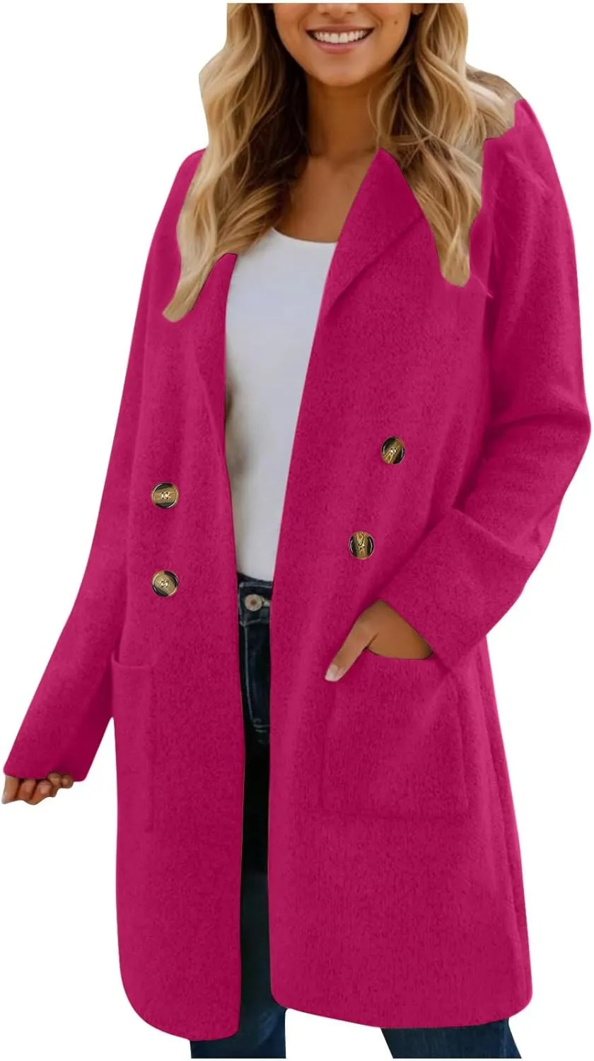 Wool Coats for Women Long Sleeve Oversized Winter Jackets Notch Double-Breasted Lapel Peacoats with Pockets