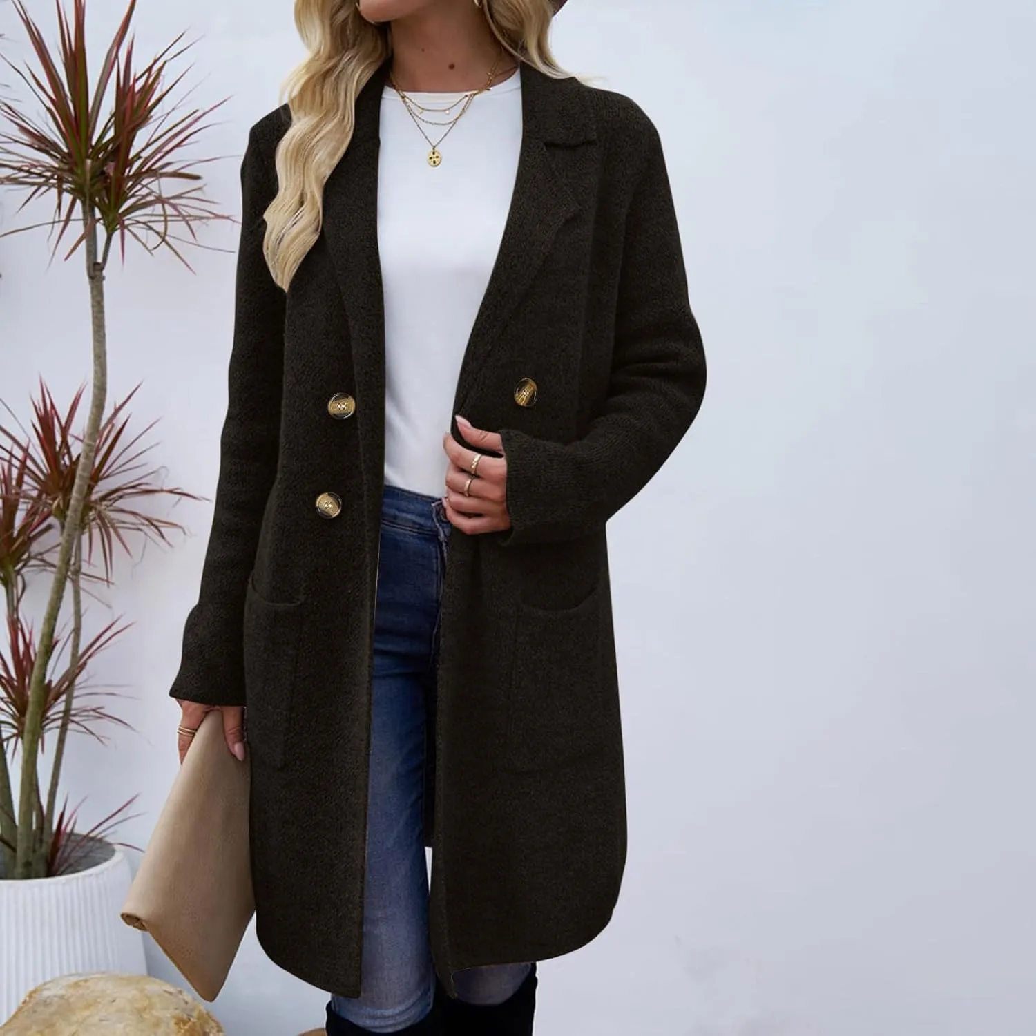 Wool Coats for Women Long Sleeve Oversized Winter Jackets Notch Double-Breasted Lapel Peacoats with Pockets
