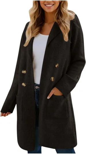 Wool Coats for Women Long Sleeve Oversized Winter Jackets Notch Double-Breasted Lapel Peacoats with Pockets