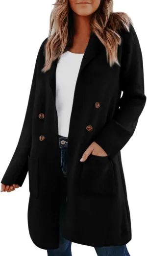 Wool Coats for Women Long Sleeve Oversized Winter Jackets Notch Double-Breasted Lapel Peacoats with Pockets