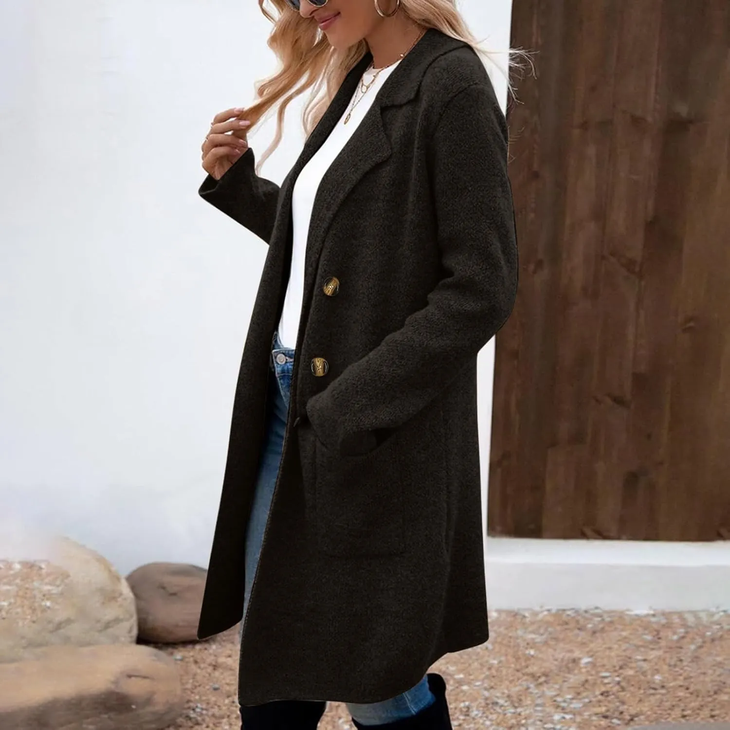Wool Coats for Women Long Sleeve Oversized Winter Jackets Notch Double-Breasted Lapel Peacoats with Pockets