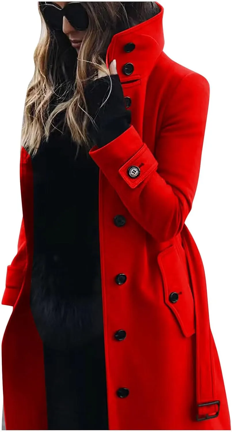 Wool Jacket Women Winter Wool Blend Camel Mid Coat Notch Single-Breasted Lapel Jacket Outwear Stand Collar Pea Coats
