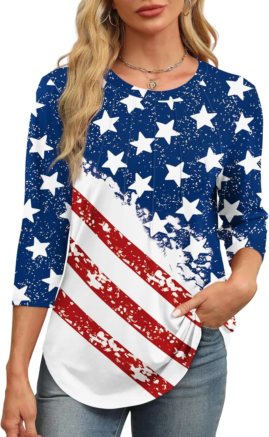 XIEERDUO 3/4 Length Sleeve Womens Tops Round Neck Casual Tunic Tops Basic Pleated Shirts Loose Fit 2025