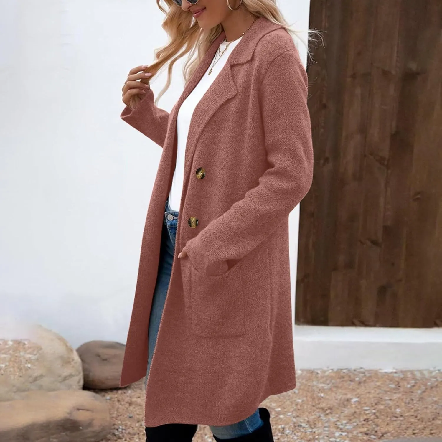 XOWRTE Women Wool Blend Coat Double Breasted Notch Lapel Long Trench Coat Casual Solid Winter Elegant Jackets for