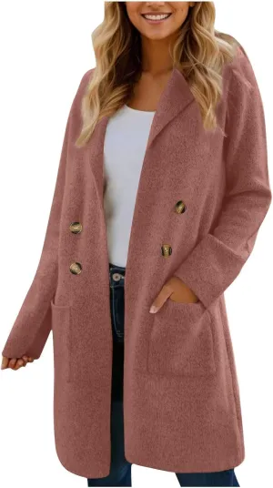 XOWRTE Women Wool Blend Coat Double Breasted Notch Lapel Long Trench Coat Casual Solid Winter Elegant Jackets for