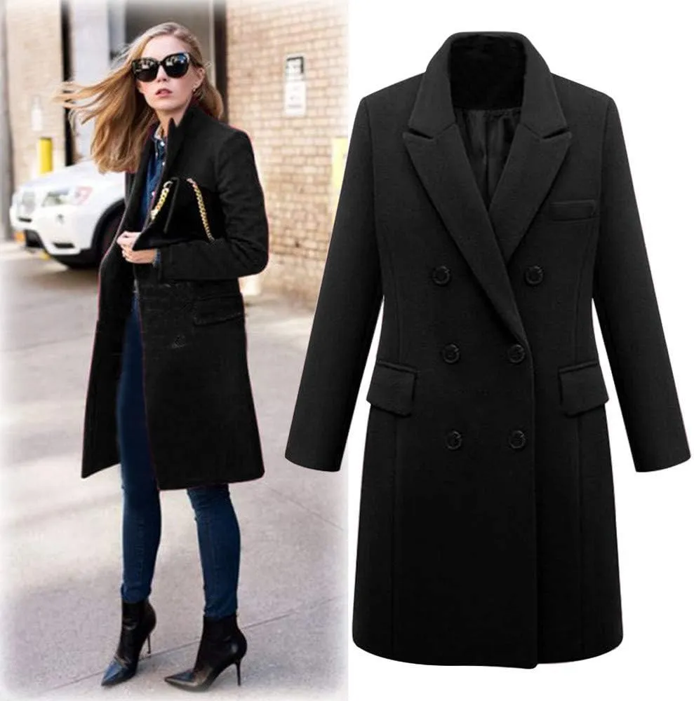 XUNRYAN Womens Wool-Blend Trench Coats Long Sleeve Jackets Casual Button Peacoats Elegant Blazer Suit Notch Lapel Slim Outer